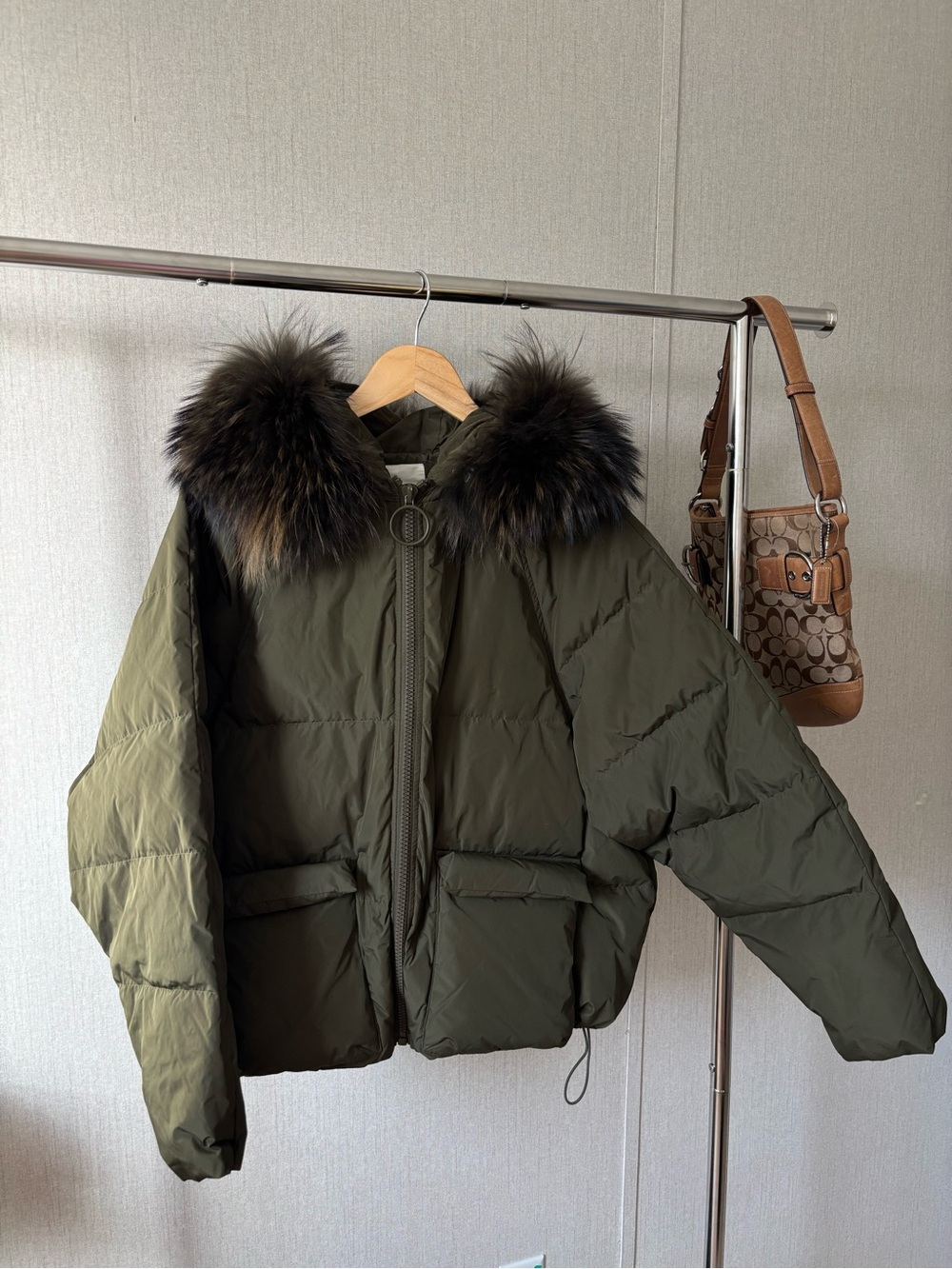 Olive Genuine Raccoon Fur Trim Puffer Jacket